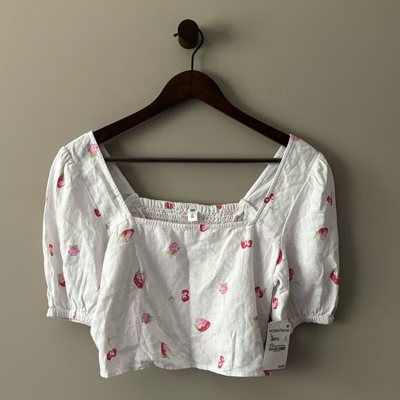 BP SQUARE NECK PUFF SLEEVE CROP TOP WHITE BRILLIANT TOSSED BERRIES SZ SMALL - Picture 1 of 6